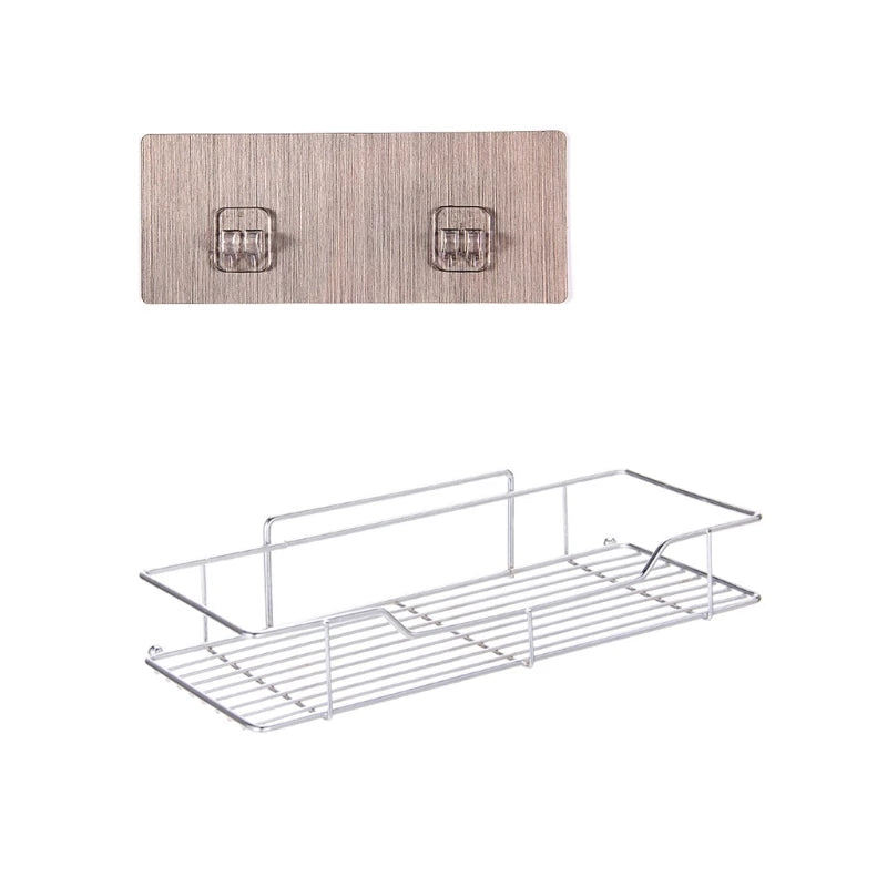 Bathroom Shelf Stainless Steel Shower Organizer Basket Kitchen Storage Shelf Wall Mounted Storage Rack with Adhesive Sticker
