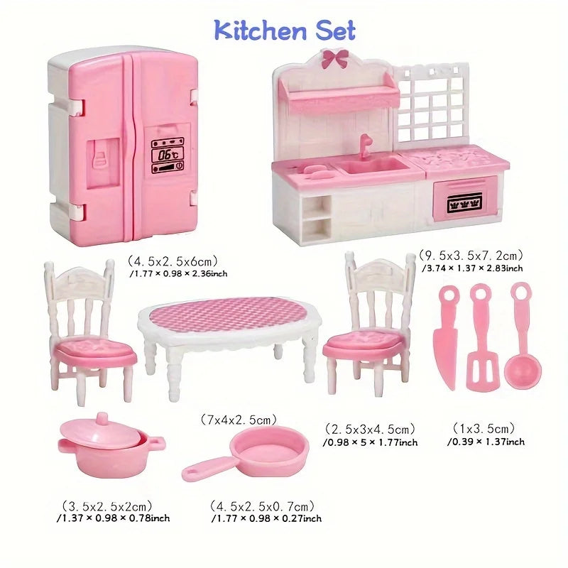 Dollhouse Furniture Set Accessories Doll House Mini Furniture Pretend Play Bedroom Living Room Bathroom Kitchen Kids Birthday