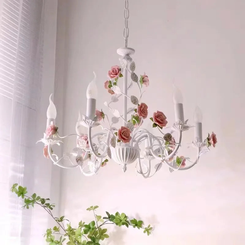 Bedroom Pastoral Rose French Chandelier Children's Room Wrought Iron Warm American Retro Princess Style Fresh Lamps