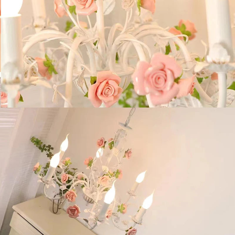 Bedroom Pastoral Rose French Chandelier Children's Room Wrought Iron Warm American Retro Princess Style Fresh Lamps