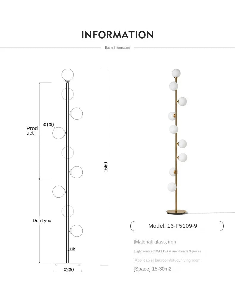 Living room Floor Lamp Magic Beans Glass Round Ball Bedside Standing Light H165cm 9 Heads Lighting Fixture for Home Indoor Decor