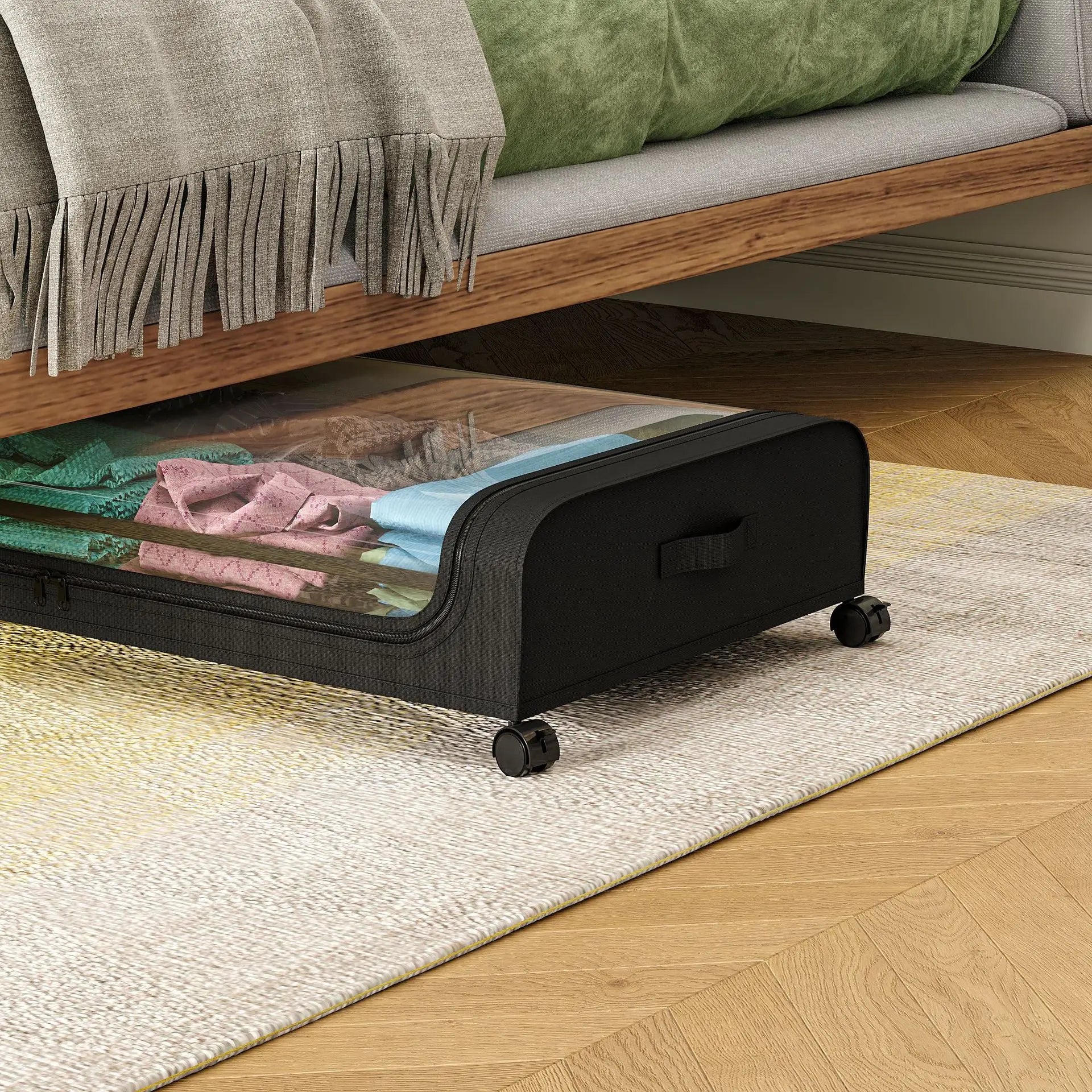 Bed Bottom Storage Box with Wheels Underbed Dust-Proof Organizer for Clothes Shoes Home Bedroom Simple Design Rolling Drawer
