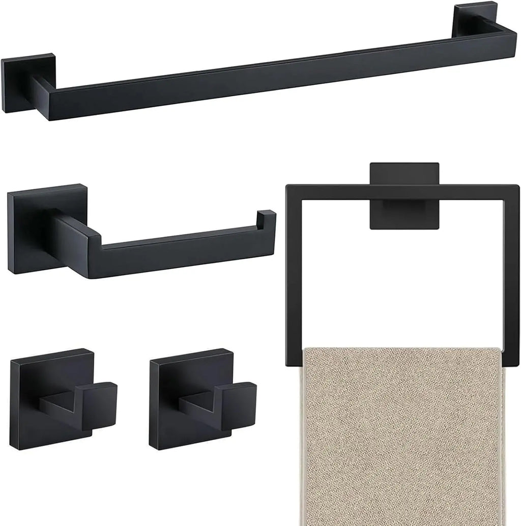5-Piece Bathroom Hardware Set – Wall Mounted Towel Bar, Robe Hook, Shelf and Tissue Paper Holder for Bathroom Accessories