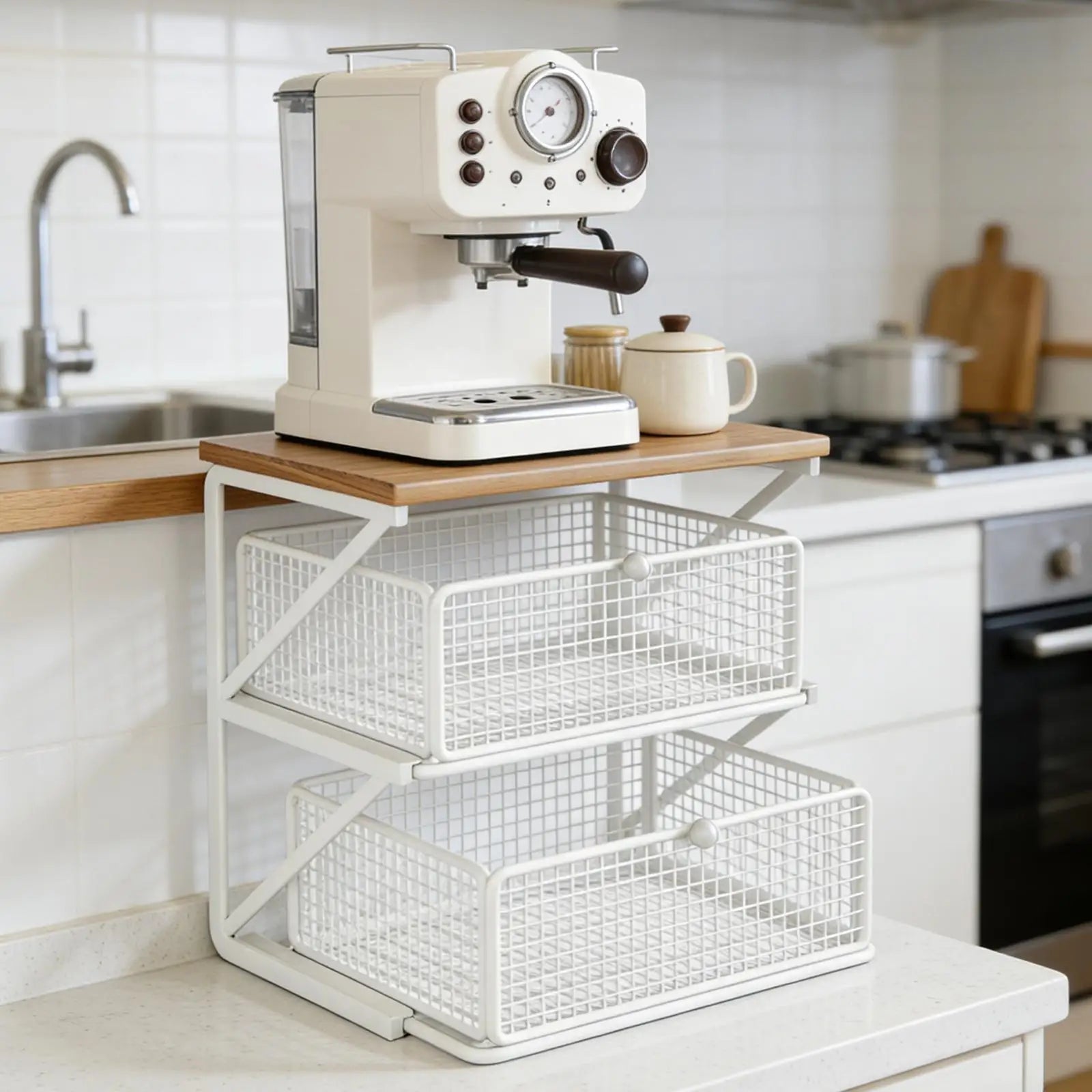 Kitchen Counter Shelf Organizer Ironwood Drawer Storage Rack Coffee Accessories Station for Room and Pantry