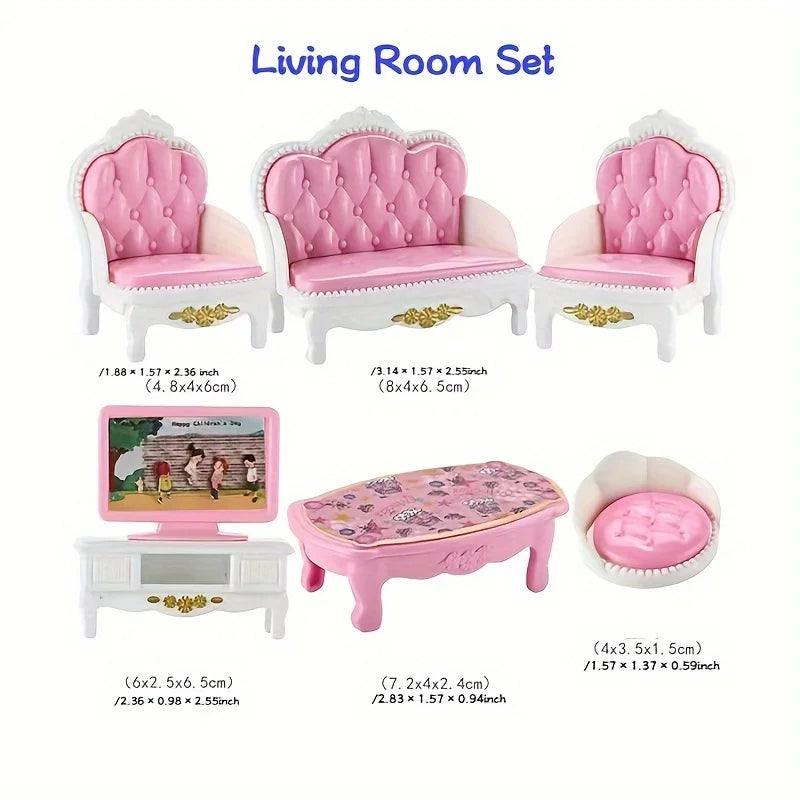 Dollhouse Furniture Set Accessories Doll House Mini Furniture Pretend Play Bedroom Living Room Bathroom Kitchen Kids Birthday