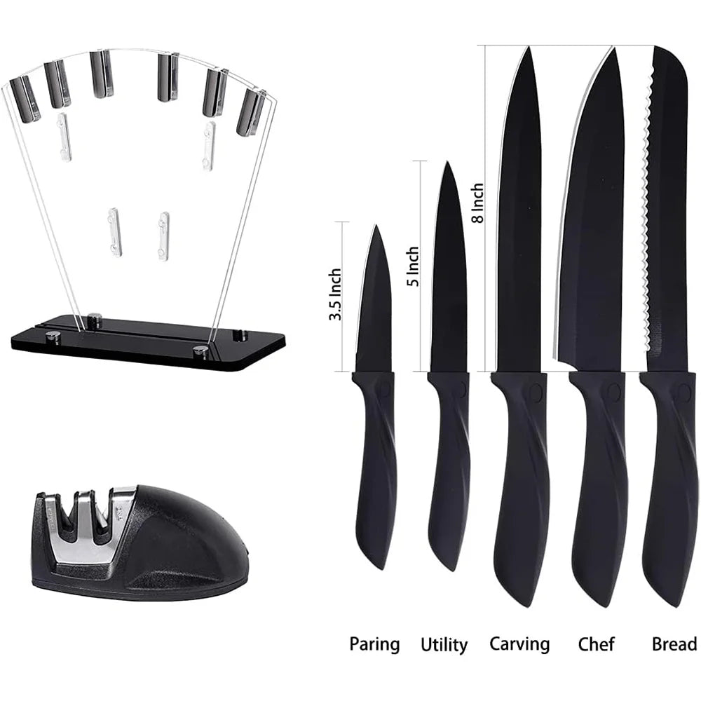 Kitchen knife 7-piece set, black professional stainless steel chef's knife with holder set home rust-proof and sharp meat cutter