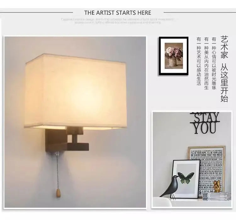 Bedroom Wall Lamp Fabric New Chinese Bedside Lamp Modern Simple Corridor Hotel Room With Cable Switch Light European Wall Sconce