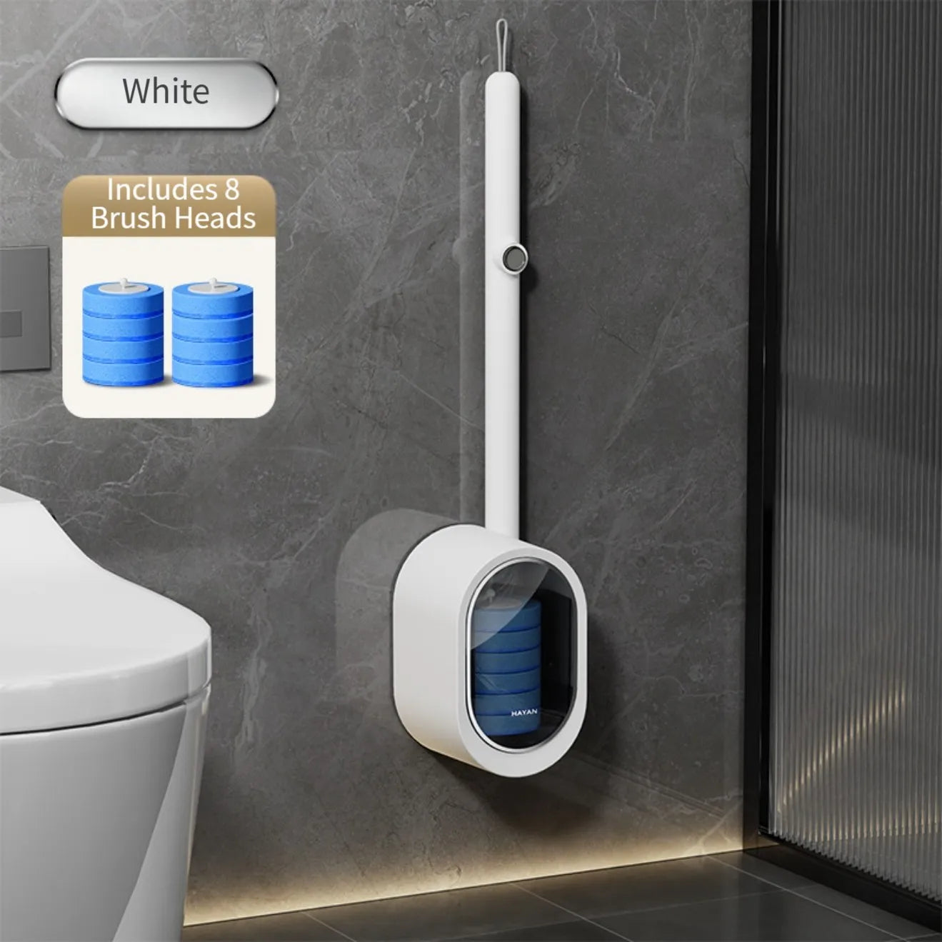Bathroom Cleaning Kit with Disposable Toilet Brush Wall Mounted No Drill Installation and Built in Cleaning Solution