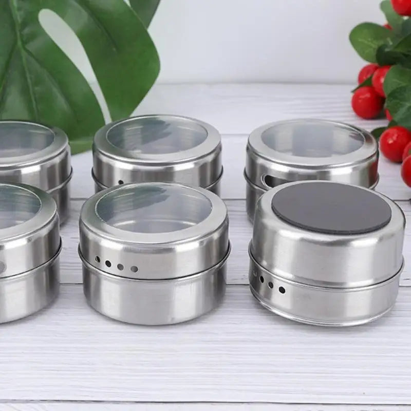 Kitchen Counter Seasoning Jar Set, 12 Piece Metal Jars with Clear Top Window, Base Tray and Daily Cooking Access for Home B03E