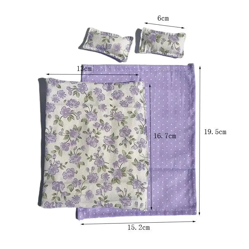 Four Piece Bed Set: Miniature Bed, Bed Sheet, Quilt & Pillow with Quilt Cover - Dollhouse Bedding Set for Doll Bedroom Decoratio