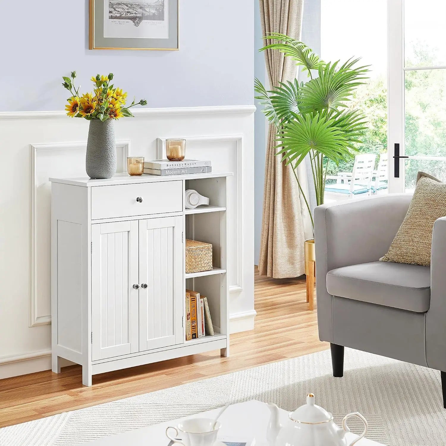 Bathroom Storage Cabinet with Drawer and 2 Beadboard Doors, White | Freestanding Floor Cabinet for Towels and, Customized