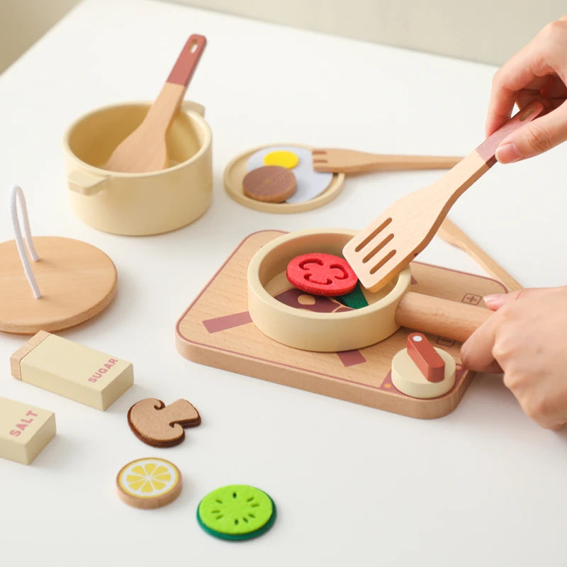 Kid Wooden Kitchen Toy Baby Play Kitchen Building Block Model Set Newborn Pretend Cooking Food Kitchen Toys Simulation Game Gift