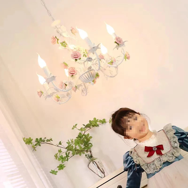 Bedroom Pastoral Rose French Chandelier Children's Room Wrought Iron Warm American Retro Princess Style Fresh Lamps