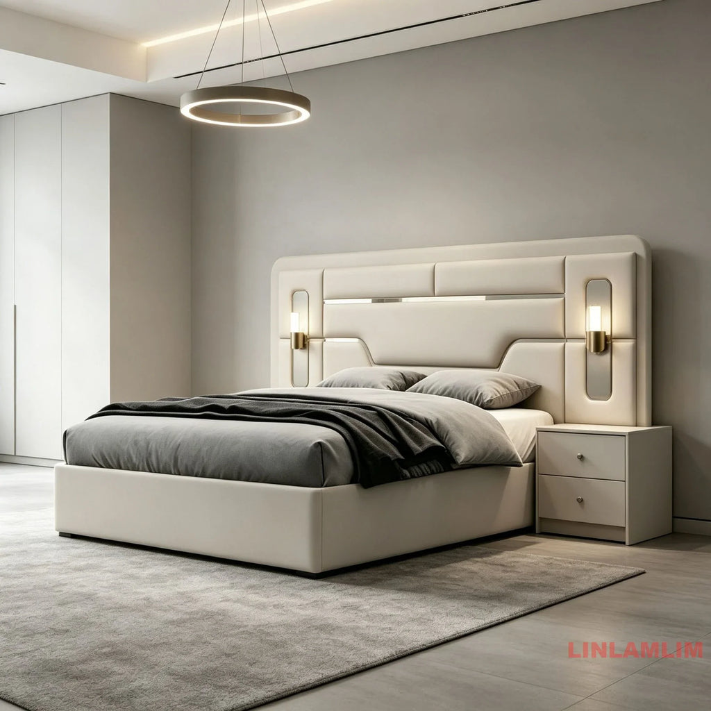 MINBDIBAO Turkish style Bedroom Set – King Bed with Upholstered Headboard, Nightstands, Wardrobe with Mirrored Doors, Dresser