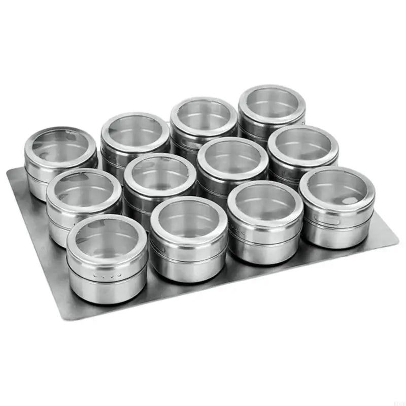 Kitchen Counter Seasoning Jar Set, 12 Piece Metal Jars with Clear Top Window, Base Tray and Daily Cooking Access for Home B03E