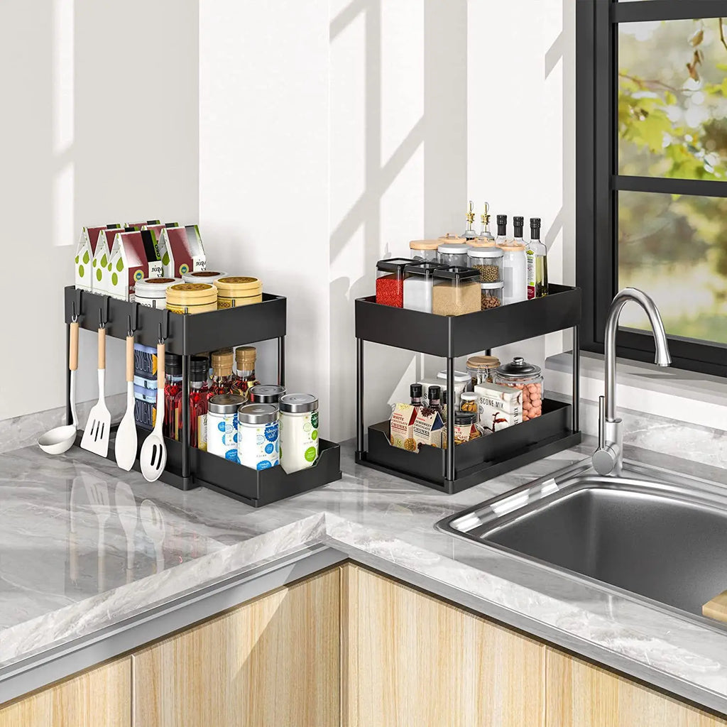 Kitchen countertop seasoning storage rack, double-layer pull-out removable storage rack under the sink