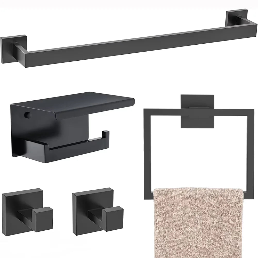 5-Piece Bathroom Hardware Set – Wall Mounted Towel Bar, Robe Hook, Shelf and Tissue Paper Holder for Bathroom Accessories
