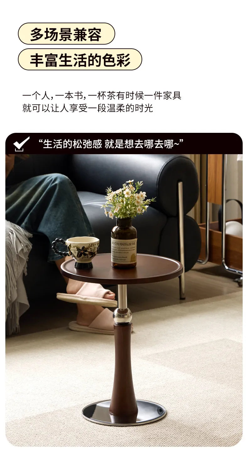 Living Room Sofa Solid Wood Edge Few Designer Light Side Table Luxury Stainless Steel Base Simple Round Small Coffee End Tables