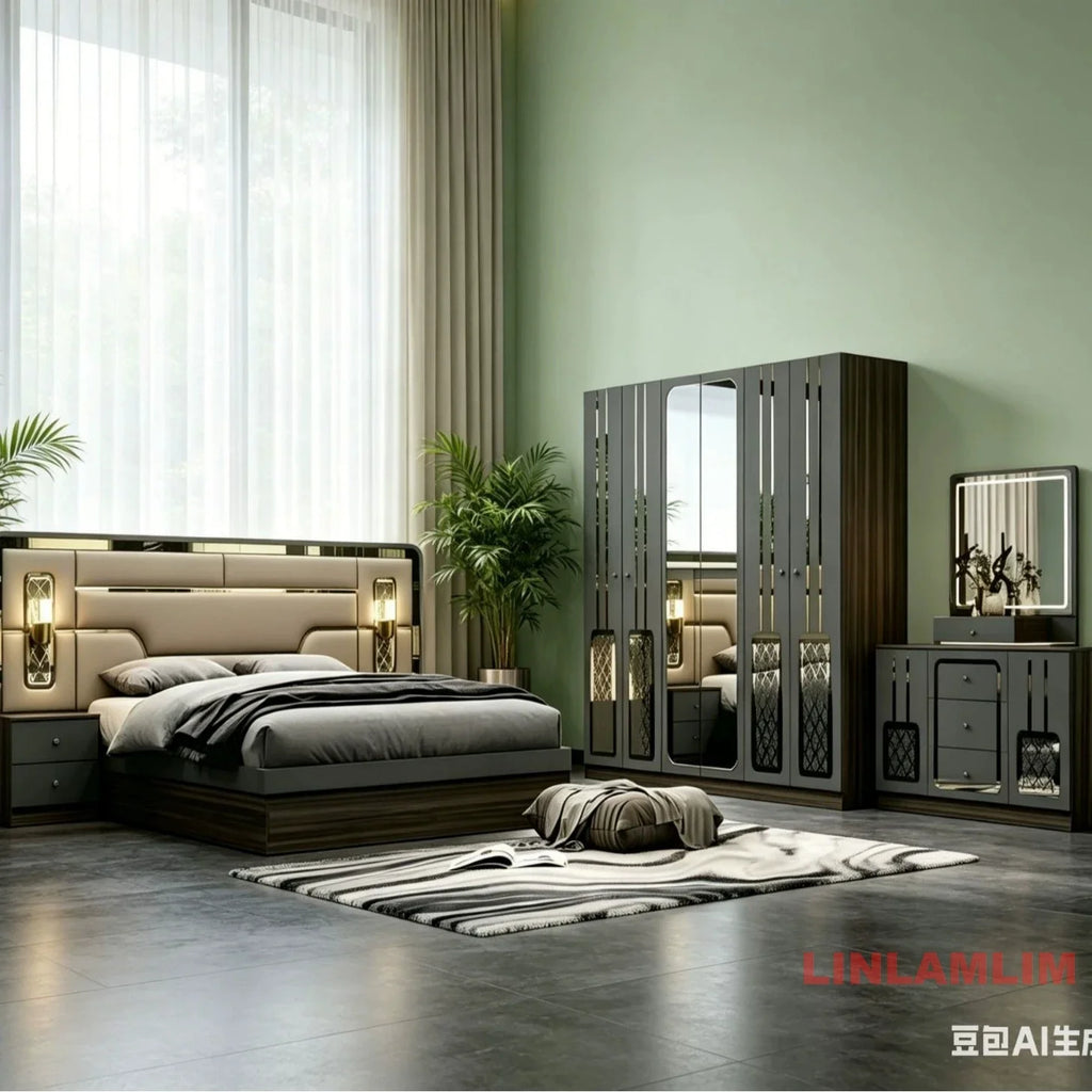 MINBDIBAO Turkish style Bedroom Set – King Bed with Upholstered Headboard, Nightstands, Wardrobe with Mirrored Doors, Dresser