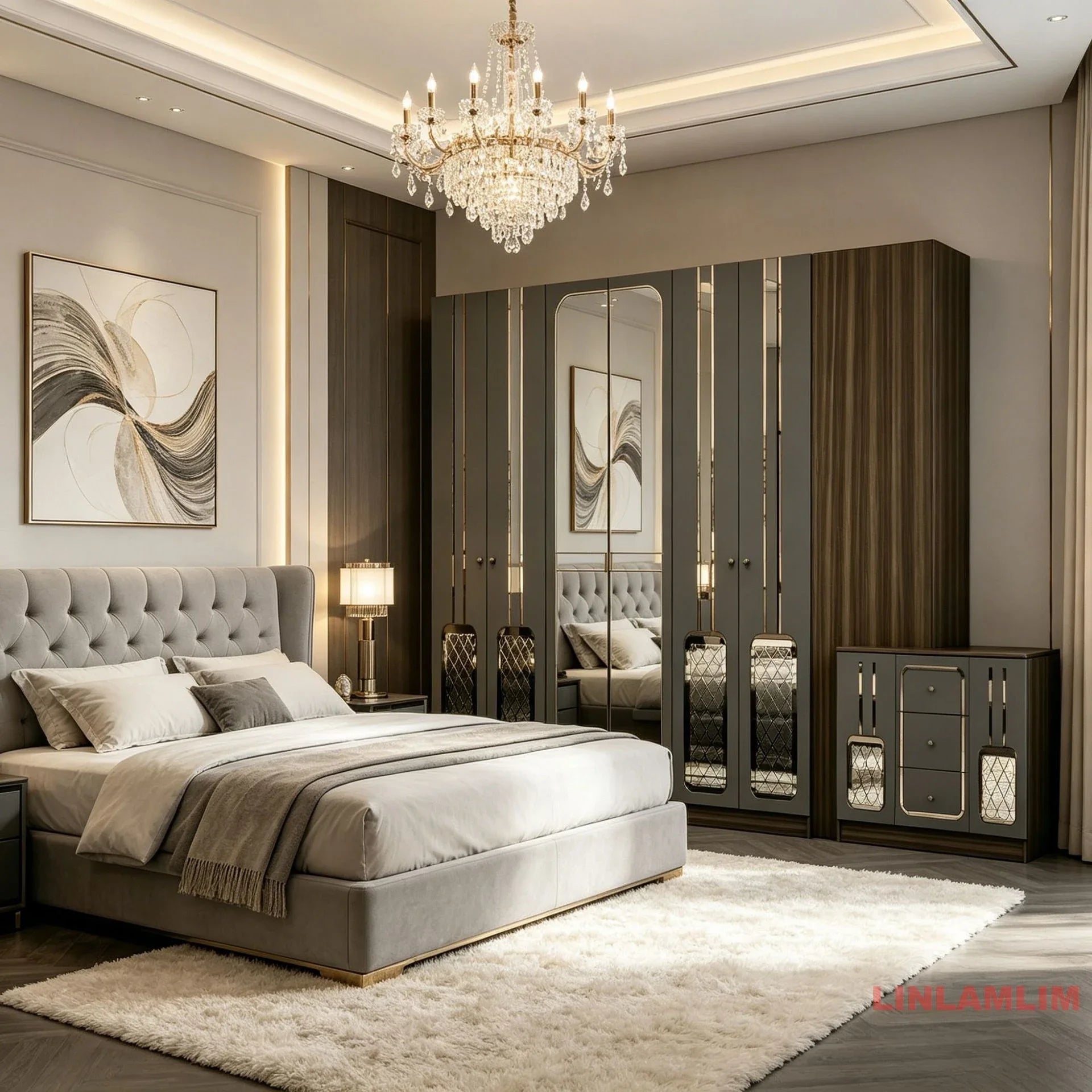 MINBDIBAO Turkish style Bedroom Set – King Bed with Upholstered Headboard, Nightstands, Wardrobe with Mirrored Doors, Dresser