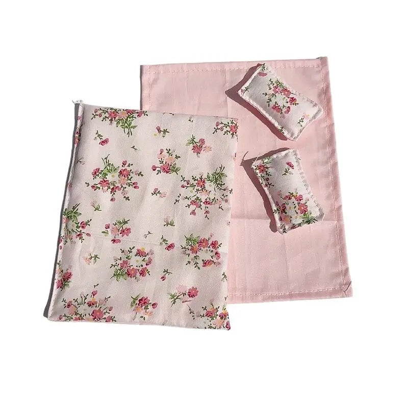 Four Piece Bed Set: Miniature Bed, Bed Sheet, Quilt & Pillow with Quilt Cover - Dollhouse Bedding Set for Doll Bedroom Decoratio