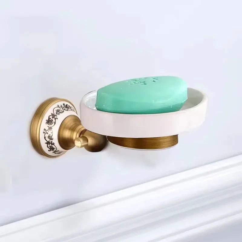 Antique Brushed Solid Brass Bathroom Accessories Sets European Porcelain Bathroom Hardware Sets Ceramic Retro Bathroom Products