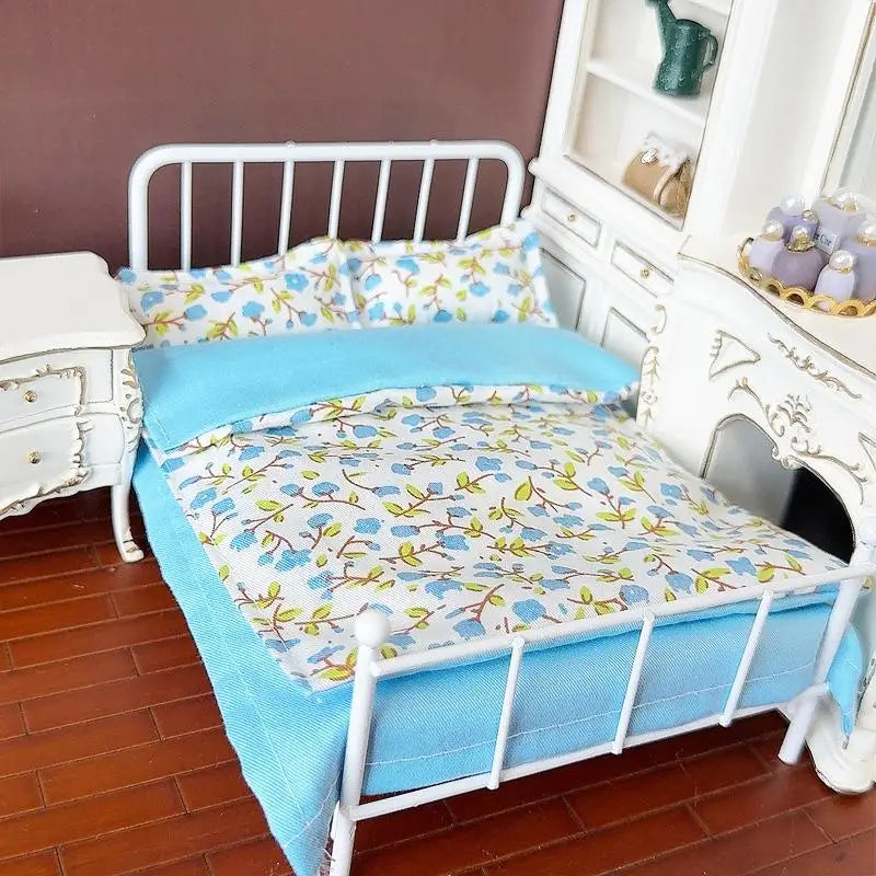 Four Piece Bed Set: Miniature Bed, Bed Sheet, Quilt & Pillow with Quilt Cover - Dollhouse Bedding Set for Doll Bedroom Decoratio