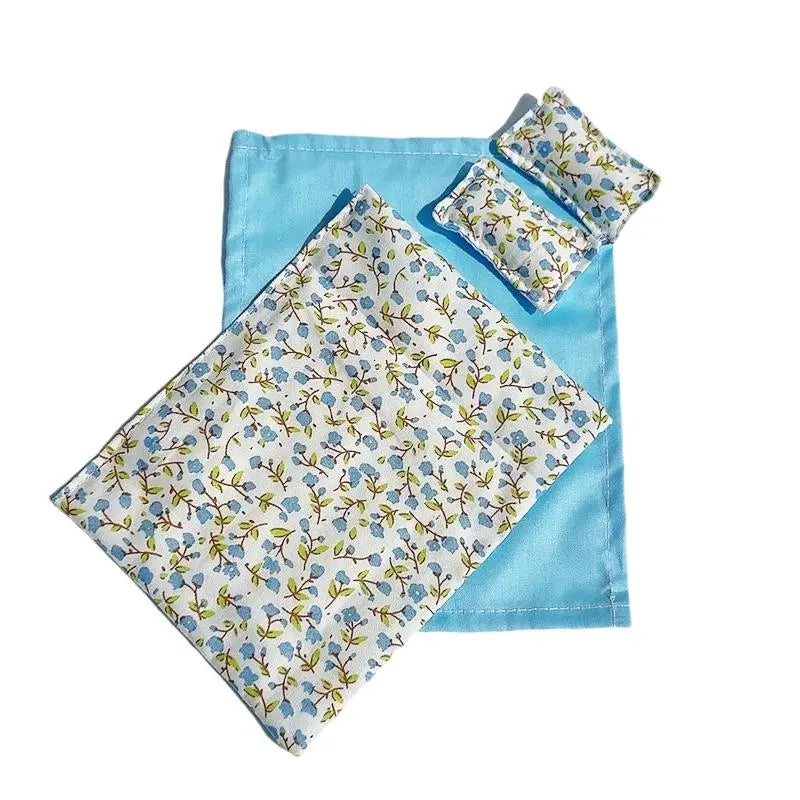 Four Piece Bed Set: Miniature Bed, Bed Sheet, Quilt & Pillow with Quilt Cover - Dollhouse Bedding Set for Doll Bedroom Decoratio