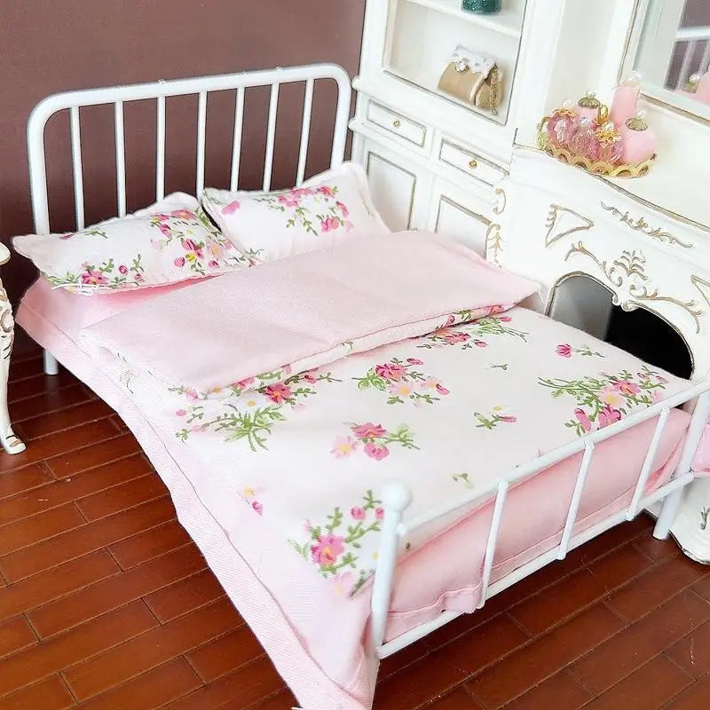 Four Piece Bed Set: Miniature Bed, Bed Sheet, Quilt & Pillow with Quilt Cover - Dollhouse Bedding Set for Doll Bedroom Decoratio