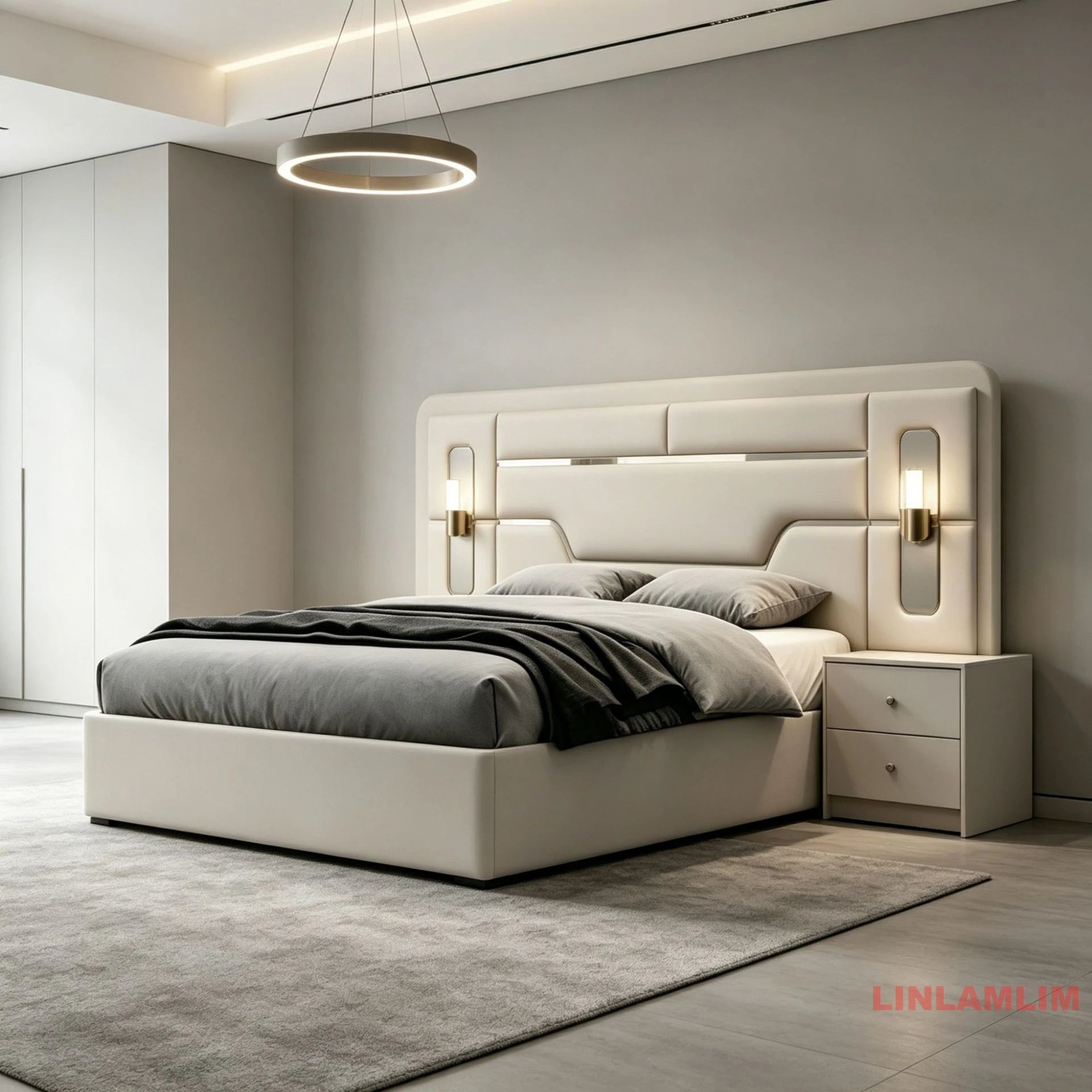 MINBDIBAO Turkish style Bedroom Set – King Bed with Upholstered Headboard, Nightstands, Wardrobe with Mirrored Doors, Dresser