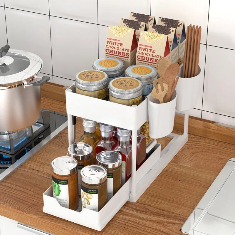 Kitchen countertop seasoning storage rack, double-layer pull-out removable storage rack under the sink