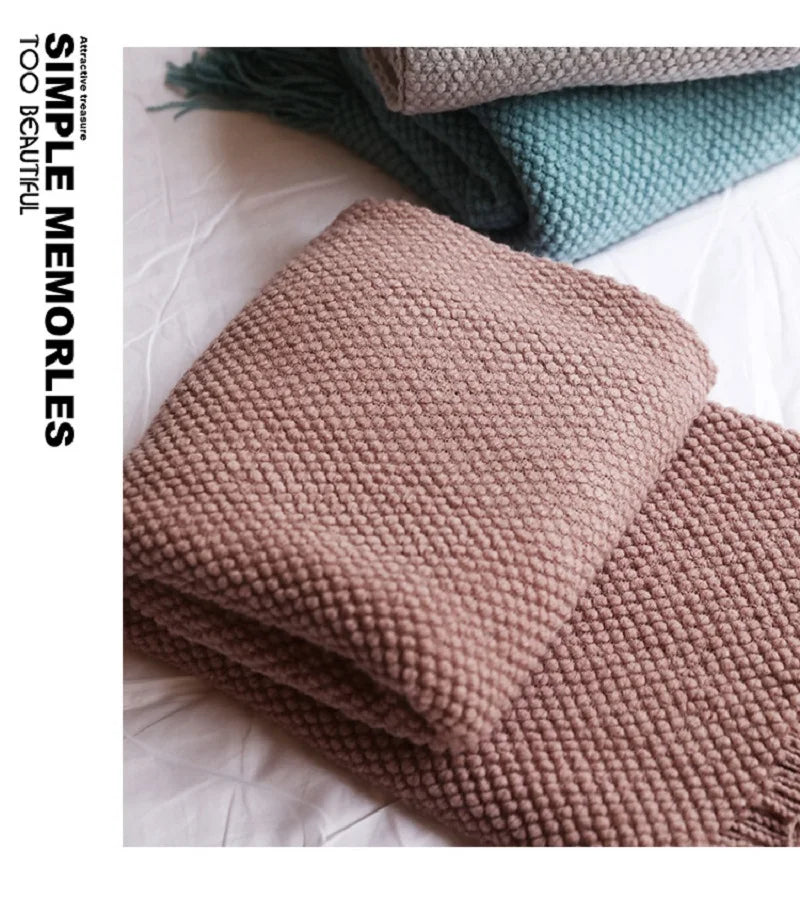Nordic Knitted Blanket on the Bed Sofa Plaid Travel Nap Blankets Solid Color Soft Winter Air Conditioning Blanket with Tassels