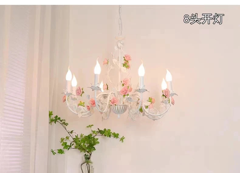 Bedroom Pastoral Rose French Chandelier Children's Room Wrought Iron Warm American Retro Princess Style Fresh Lamps