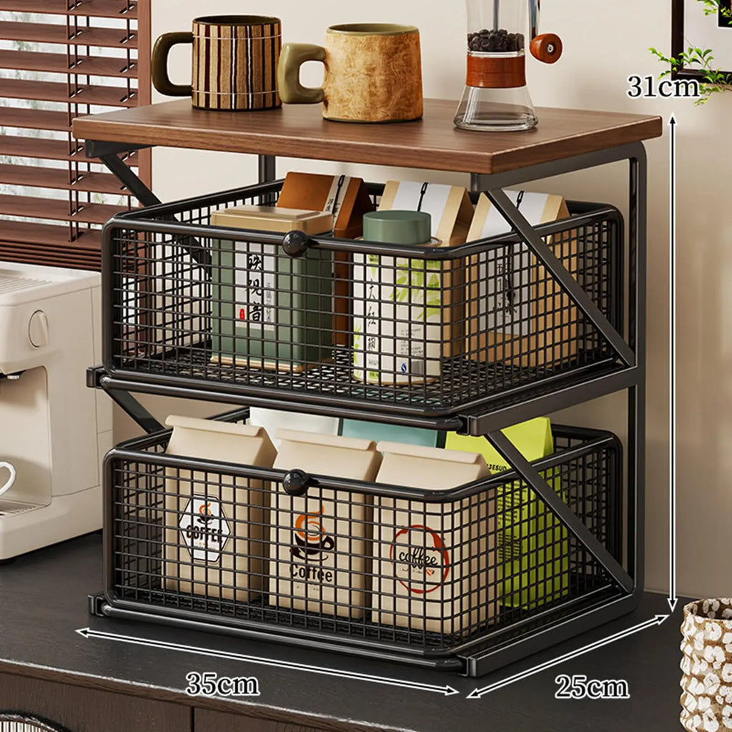 Kitchen Counter Shelf Organizer Ironwood Drawer Storage Rack Coffee Accessories Station for Room and Pantry
