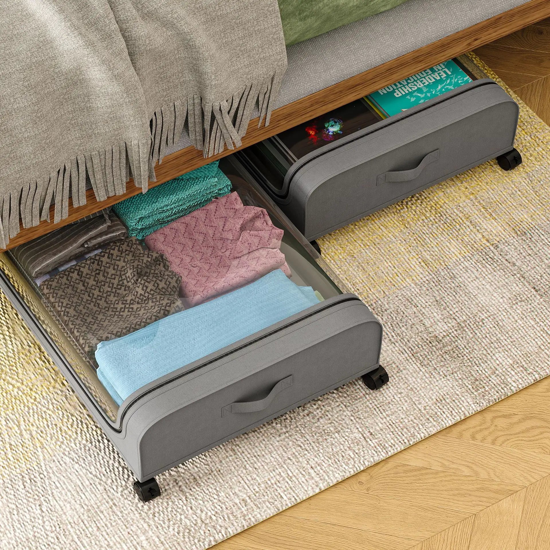 Bed Bottom Storage Box with Wheels Underbed Dust-Proof Organizer for Clothes Shoes Home Bedroom Simple Design Rolling Drawer