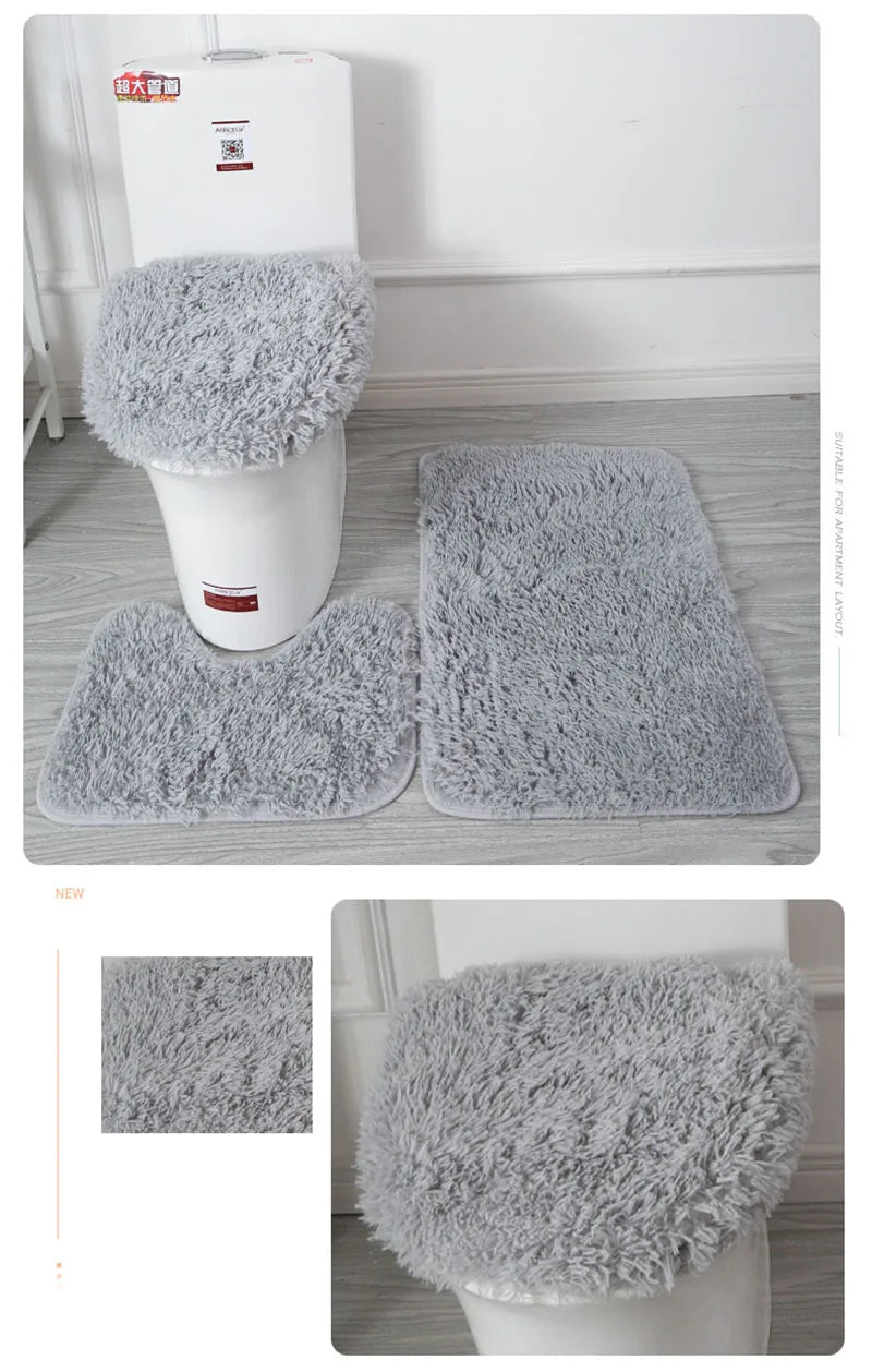 3Pcs/set Bath Mat Set Soft Fluff Shower Carpet Non-slip Floor Mat for Bathroom Toilet Rugs Toilet Lid Cover Bathroom Products