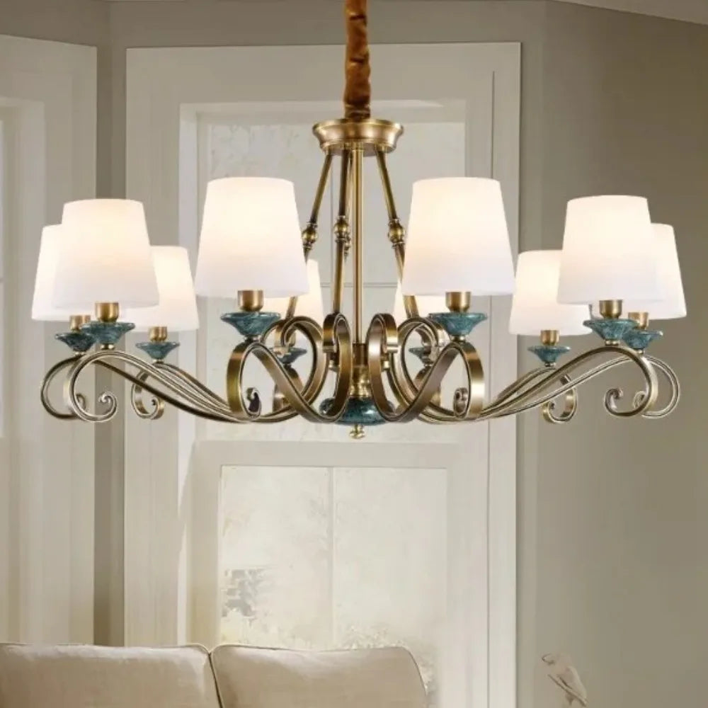 American Simple Country Living Room Bedroom Lighting Simple Pastoral Villa Hall Dining Room Light Marble All Copper Chandelier