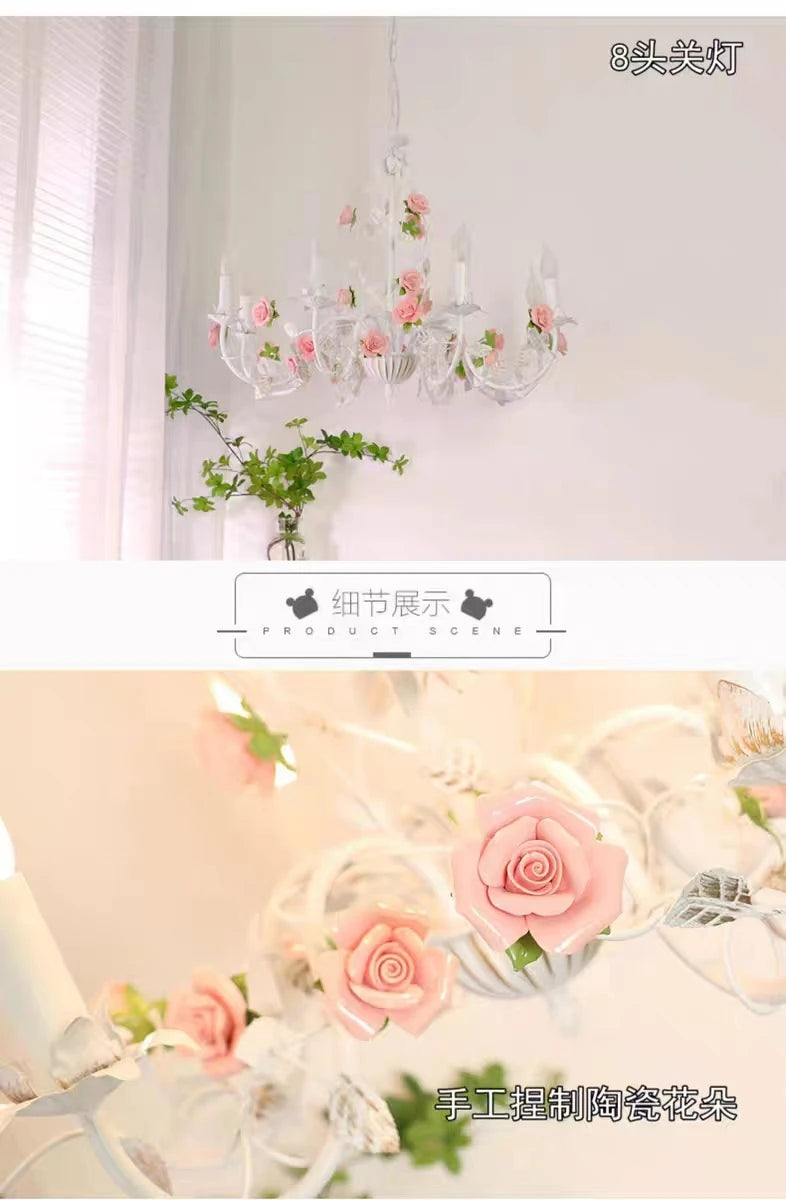 Bedroom Pastoral Rose French Chandelier Children's Room Wrought Iron Warm American Retro Princess Style Fresh Lamps