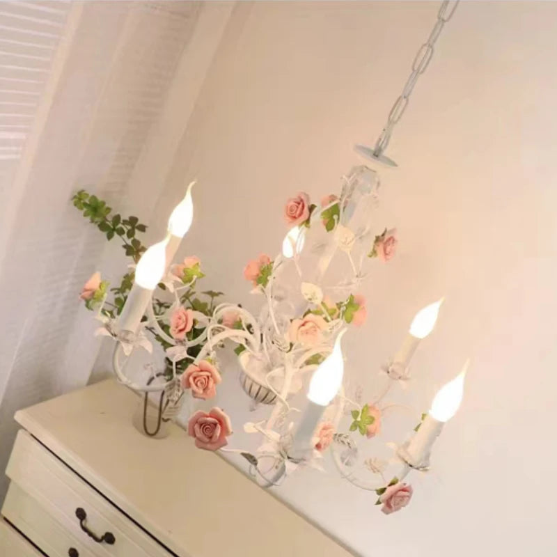Bedroom Pastoral Rose French Chandelier Children's Room Wrought Iron Warm American Retro Princess Style Fresh Lamps