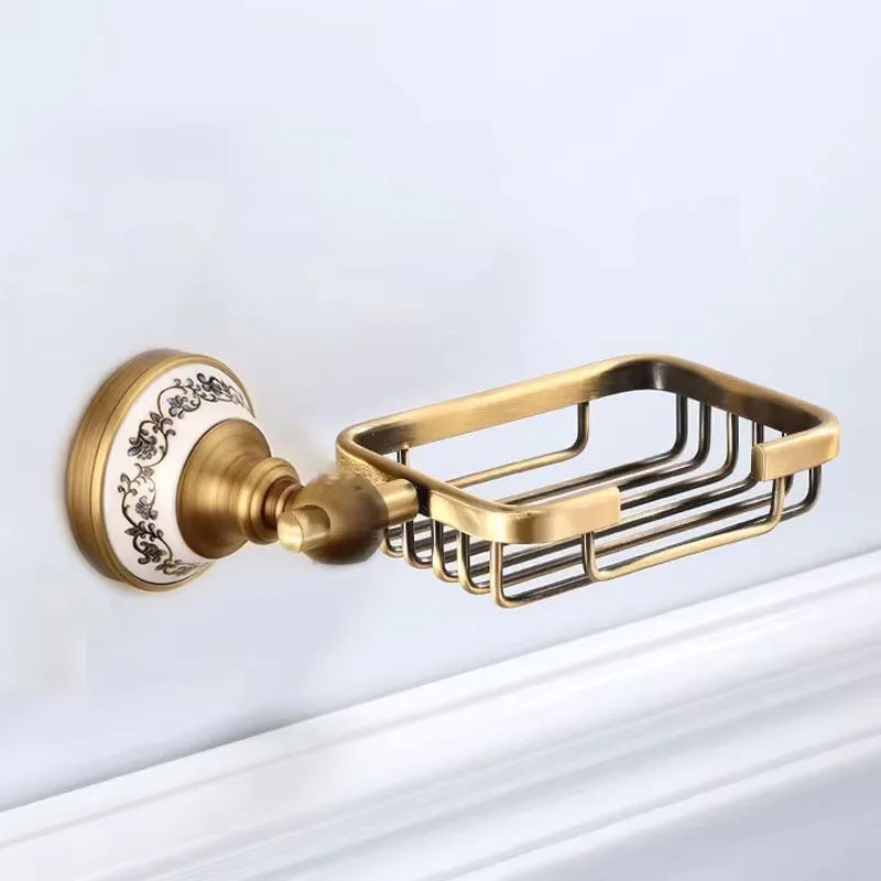 Antique Brushed Solid Brass Bathroom Accessories Sets European Porcelain Bathroom Hardware Sets Ceramic Retro Bathroom Products