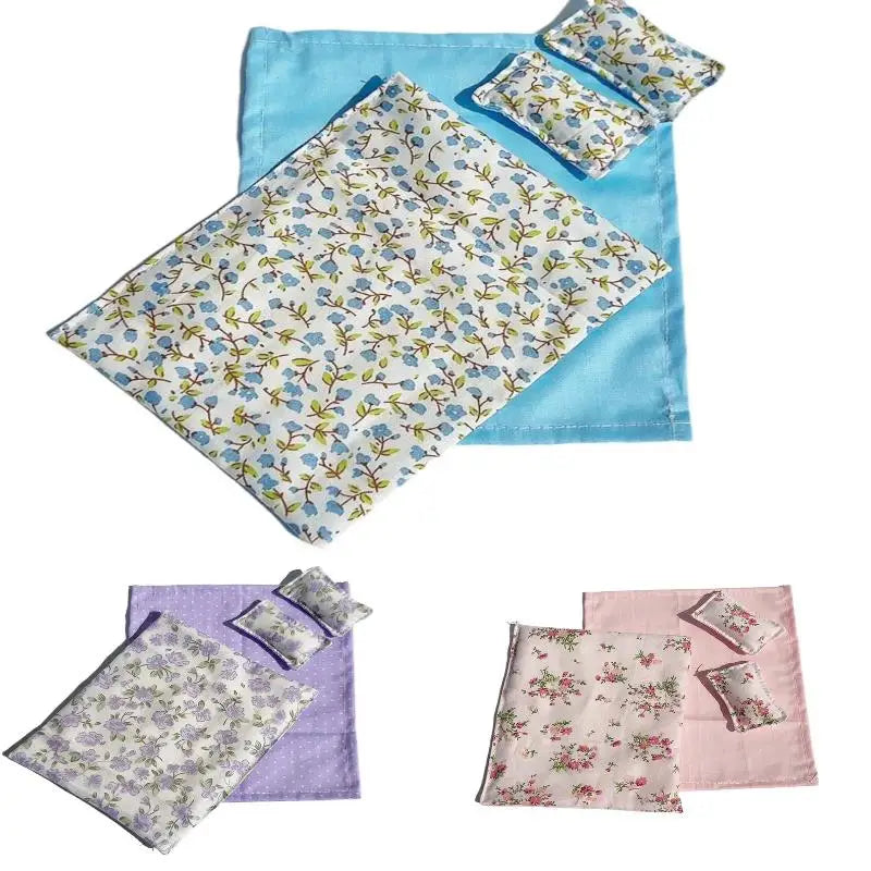 Four Piece Bed Set: Miniature Bed, Bed Sheet, Quilt & Pillow with Quilt Cover - Dollhouse Bedding Set for Doll Bedroom Decoratio