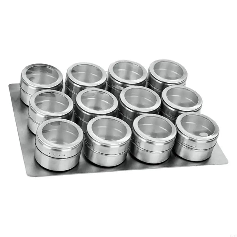 Kitchen Counter Seasoning Jar Set, 12 Piece Metal Jars with Clear Top Window, Base Tray and Daily Cooking Access for Home B03E