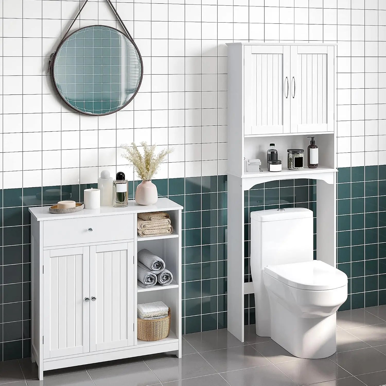 Bathroom Storage Cabinet with Drawer and 2 Beadboard Doors, White | Freestanding Floor Cabinet for Towels and, Customized