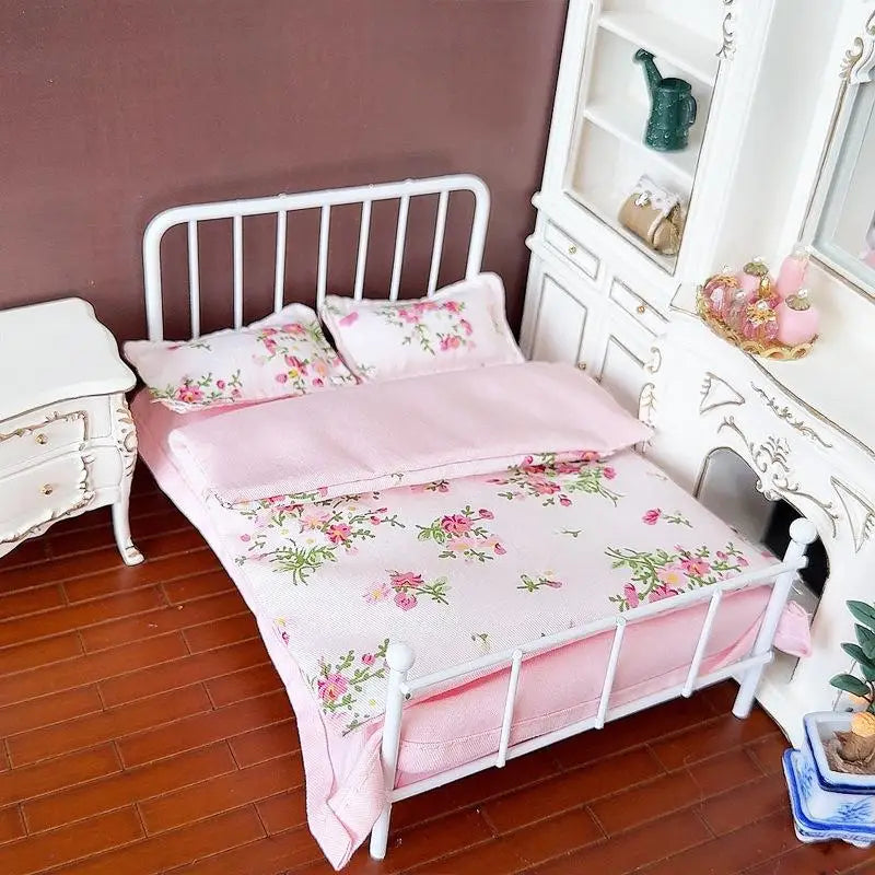 Four Piece Bed Set: Miniature Bed, Bed Sheet, Quilt & Pillow with Quilt Cover - Dollhouse Bedding Set for Doll Bedroom Decoratio