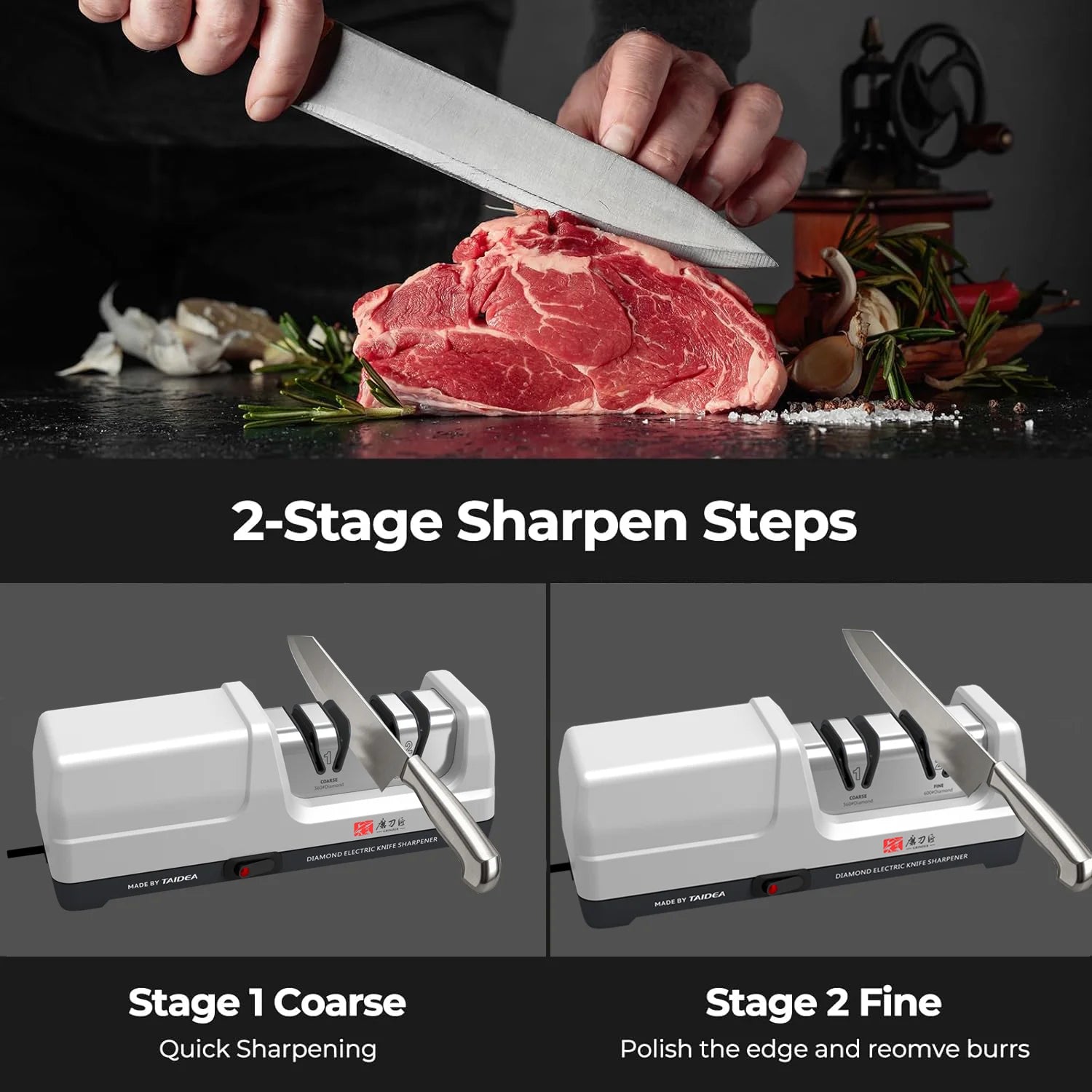 Kitchen Electric Knife Sharpener, 100% Diamond Abrasive, 20° Precision Sharpening, Quickly Restores Blade Sharpness