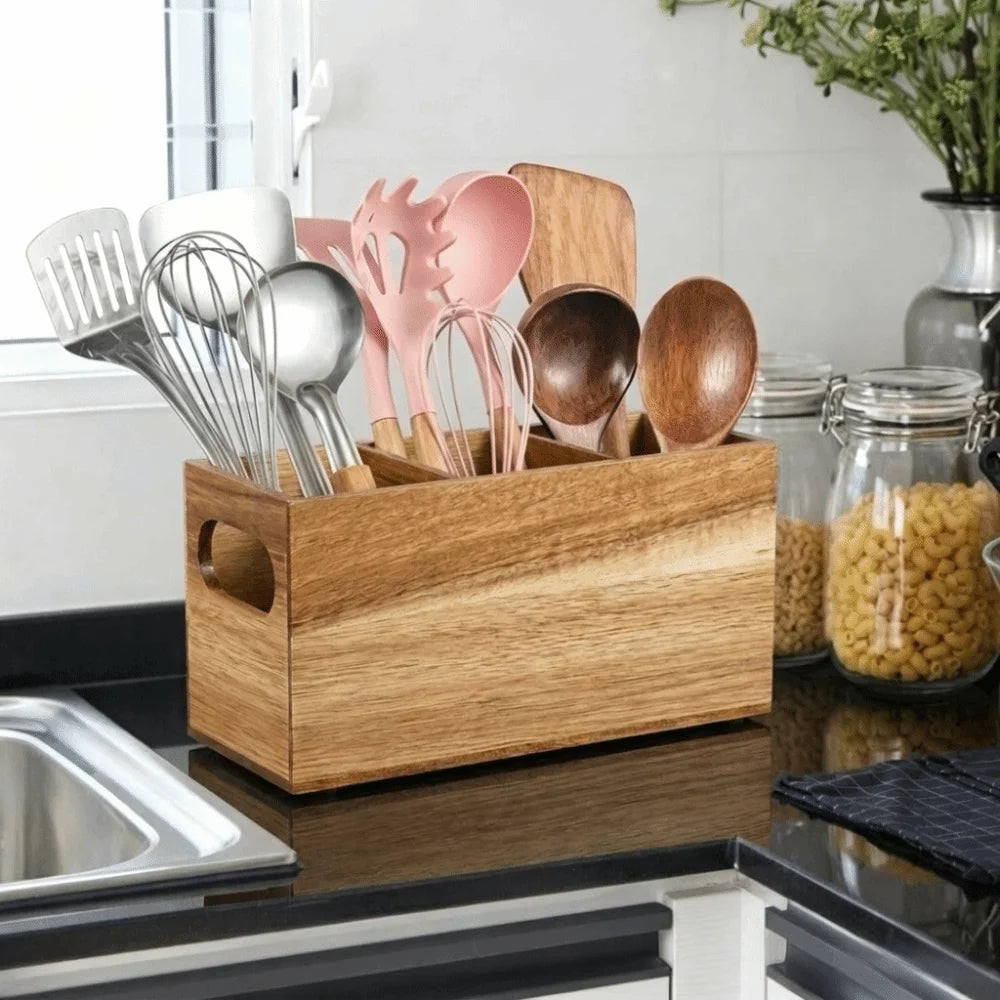 Kitchen Tools Wooden Utensil Organizer 3 Compartment Space Saving Storage Rack Durable Rustic Cutlery Holder Kitchen