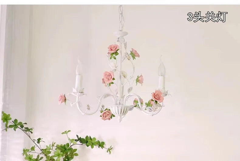 Bedroom Pastoral Rose French Chandelier Children's Room Wrought Iron Warm American Retro Princess Style Fresh Lamps