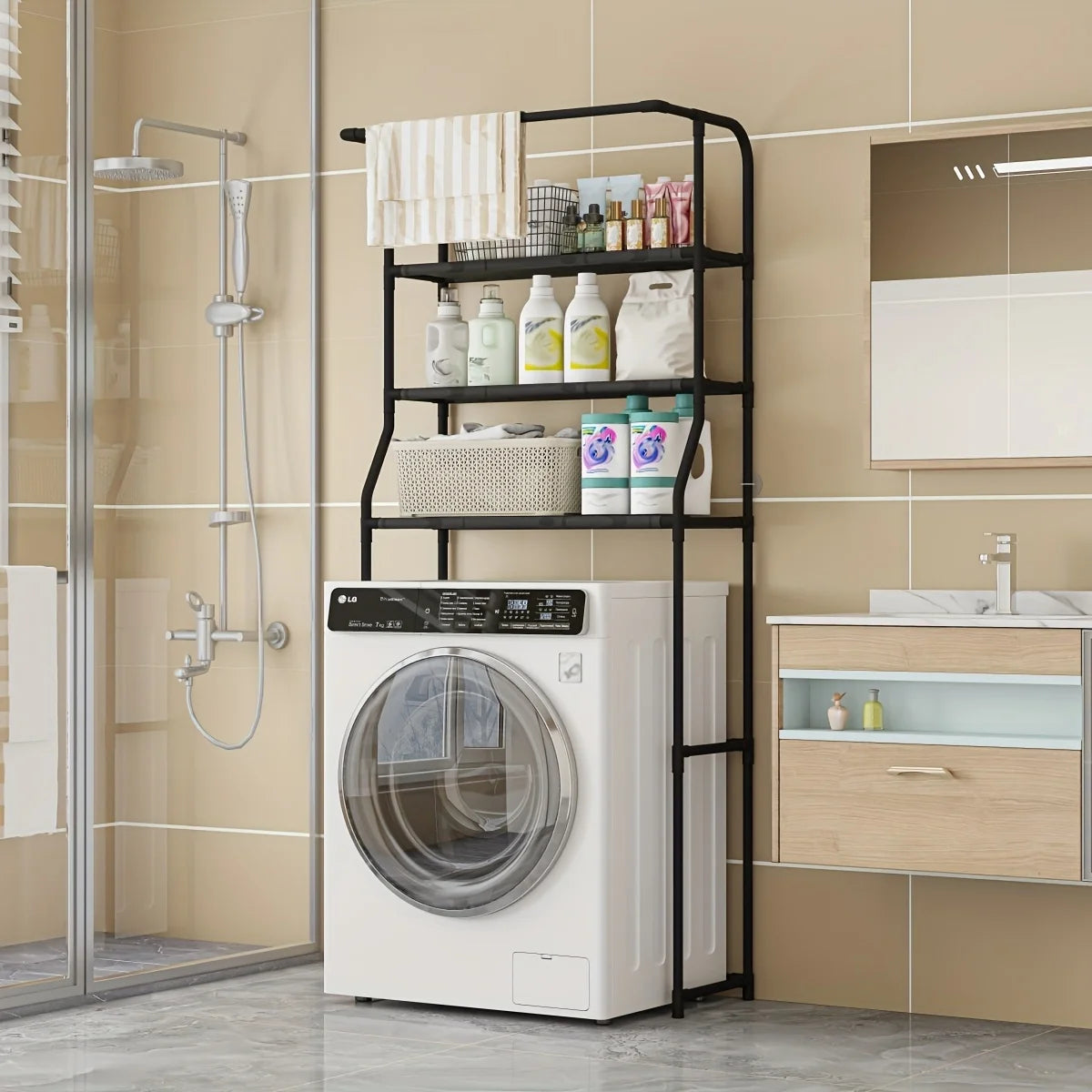 Bathroom Toilet Storage Rack, Balcony Washing Machine Shelf, Multi-Layer Metal Storage Rack with Toilet Paper Holder