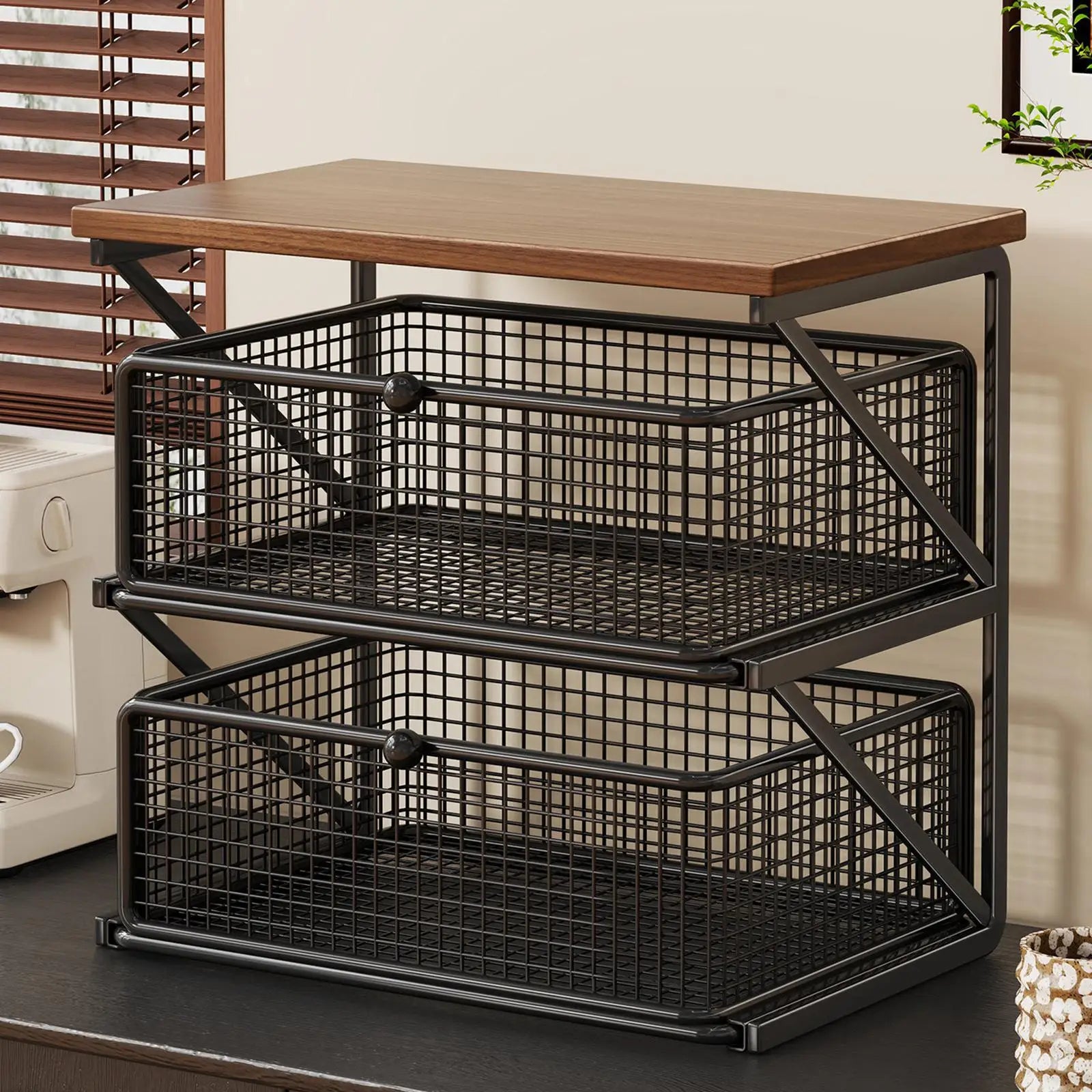 Kitchen Counter Shelf Organizer Ironwood Drawer Storage Rack Coffee Accessories Station for Room and Pantry