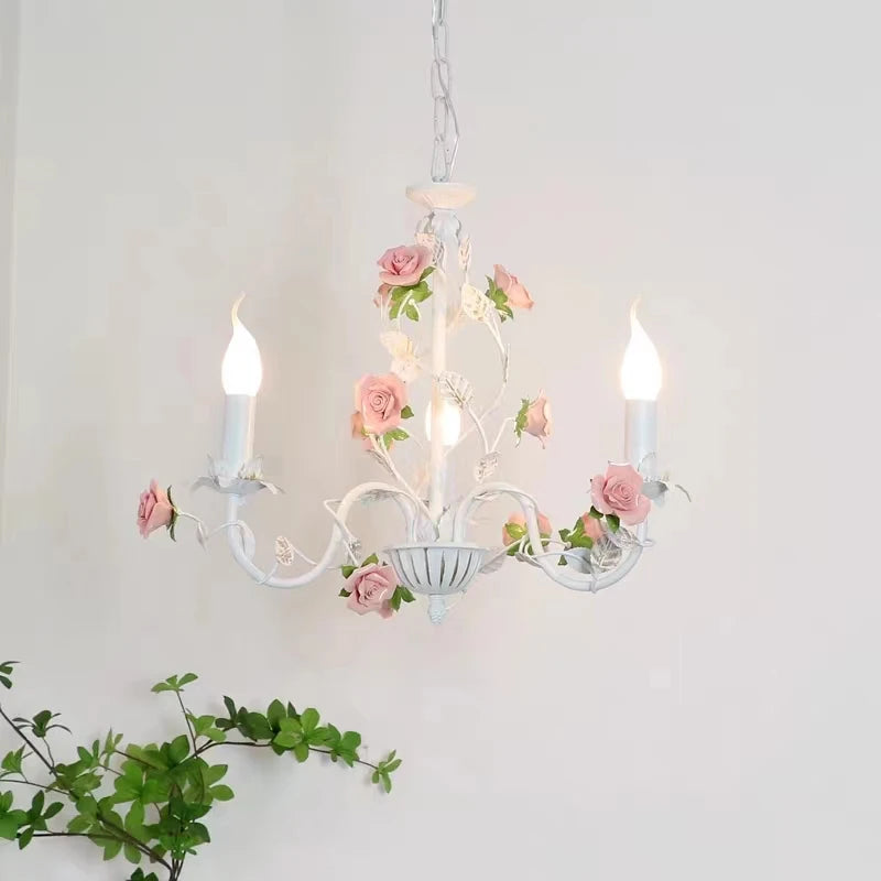 Bedroom Pastoral Rose French Chandelier Children's Room Wrought Iron Warm American Retro Princess Style Fresh Lamps